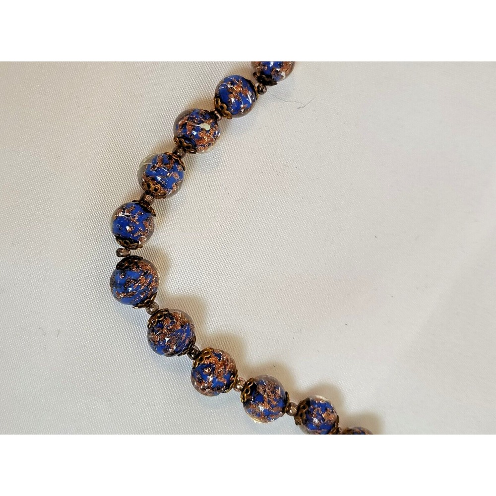 Vintage Venetian Murano Art Glass Bead Blue Gold Foil Necklace